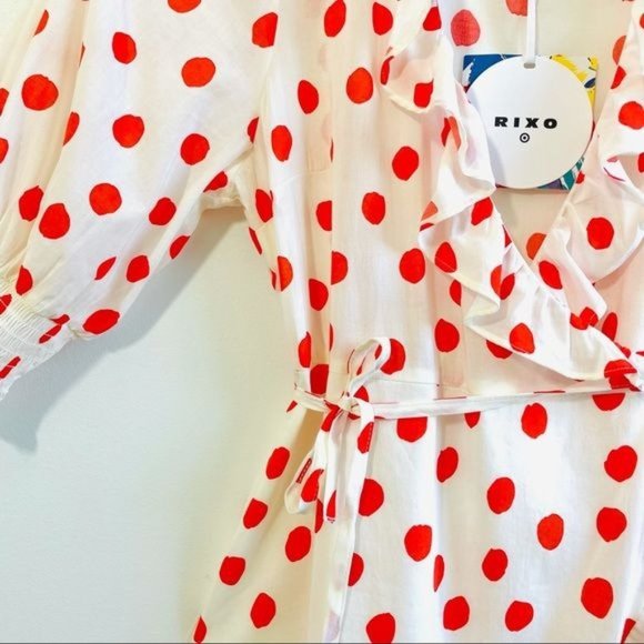 Rixo Woman's Dress XXS Red Polka Dot Mini Wrap Ruffle Belted Half Sleeve New - Picture 8 of 17